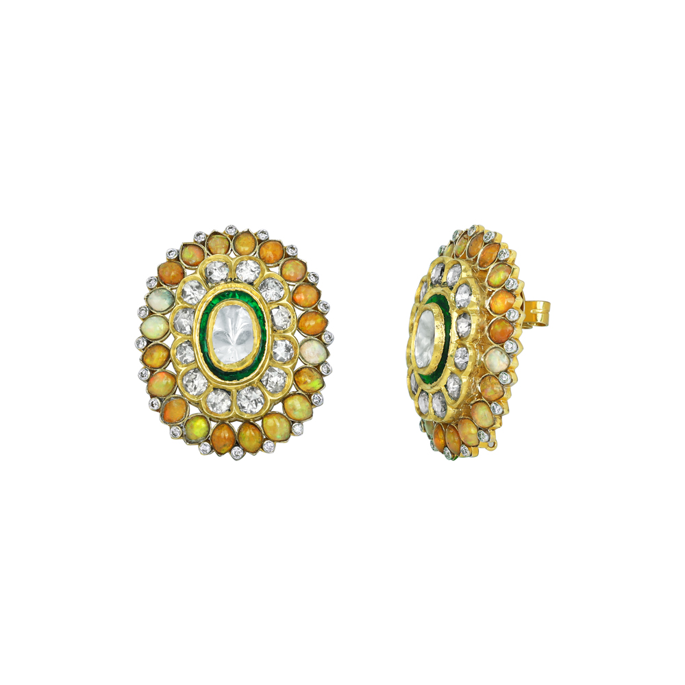 Polki Diamond Studs with Green Enamel and Opal Gemstone Halos